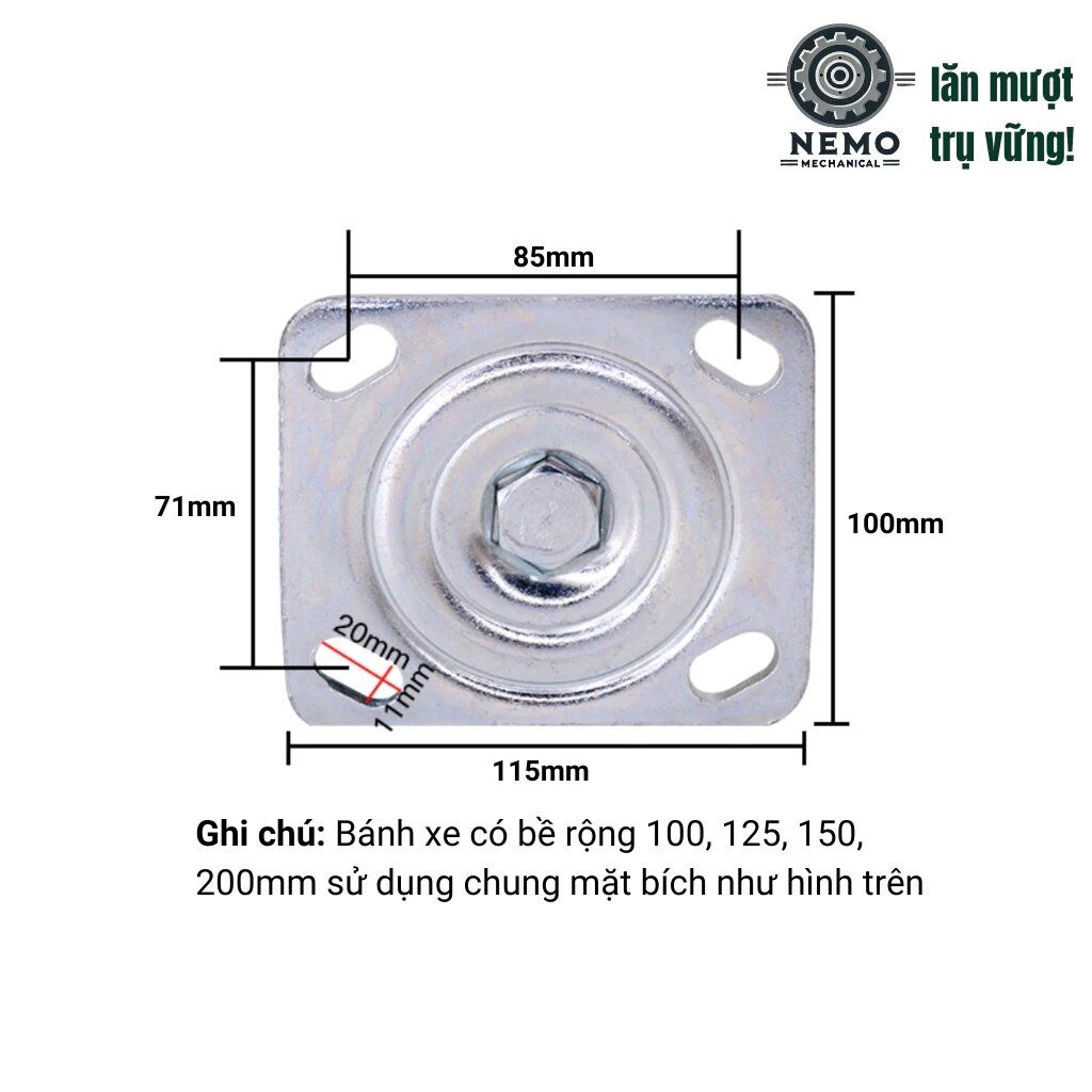 Bánh xe PU gang tải nặng, mặt bích, chất liệu bền bỉ, D100mm - 200mm, tải 300 – 450kg